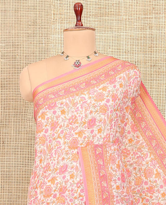 Pink Floral-Vine Printed Silk Saree, a Traditional Zari Border, Floral Pallu, a Matching Blouse