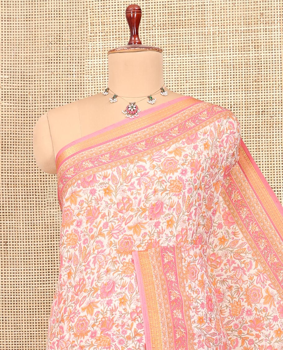Pink Floral-Vine Printed Silk Saree, a Traditional Zari Border, Floral Pallu, a Matching Blouse