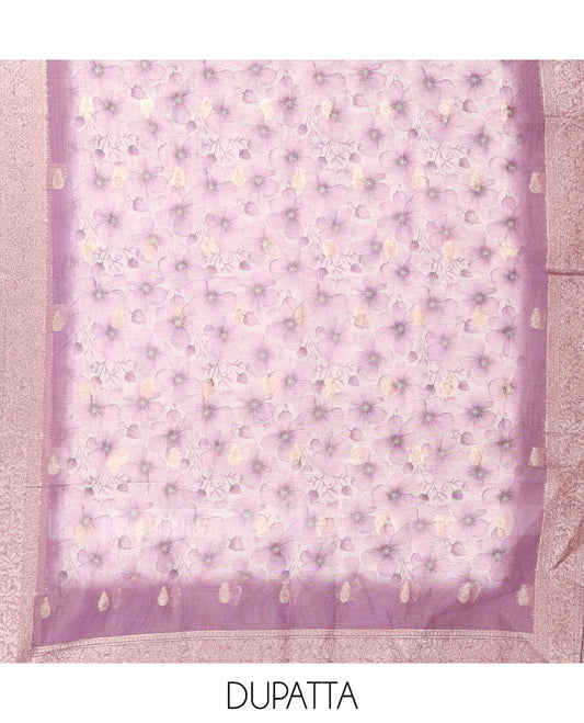 Cream-Lavender Banarasi Tissue Chanderi Material Chudidar, Buttas Top, Contrast Bottom, Floral Print Dupatta