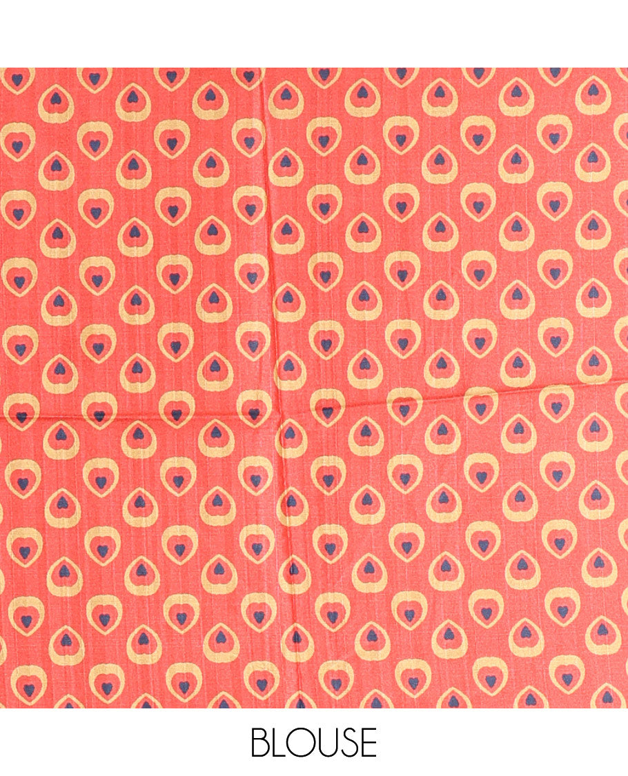 Tomato pink peacock feathers motifs printed katan silk saree, peacock feathers printed border, contrast Radha Krishna stories printed pallu, and contrast printed blouse