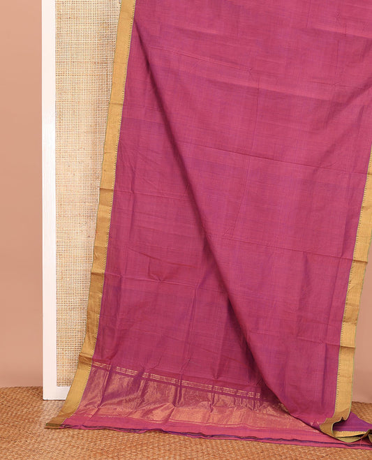 Pink Plain Mangalagiri Cotton Saree, Complemented by Contrast Temple Zari Border, Gleaming Zari Pallu, and Paired with a Matching Blouse