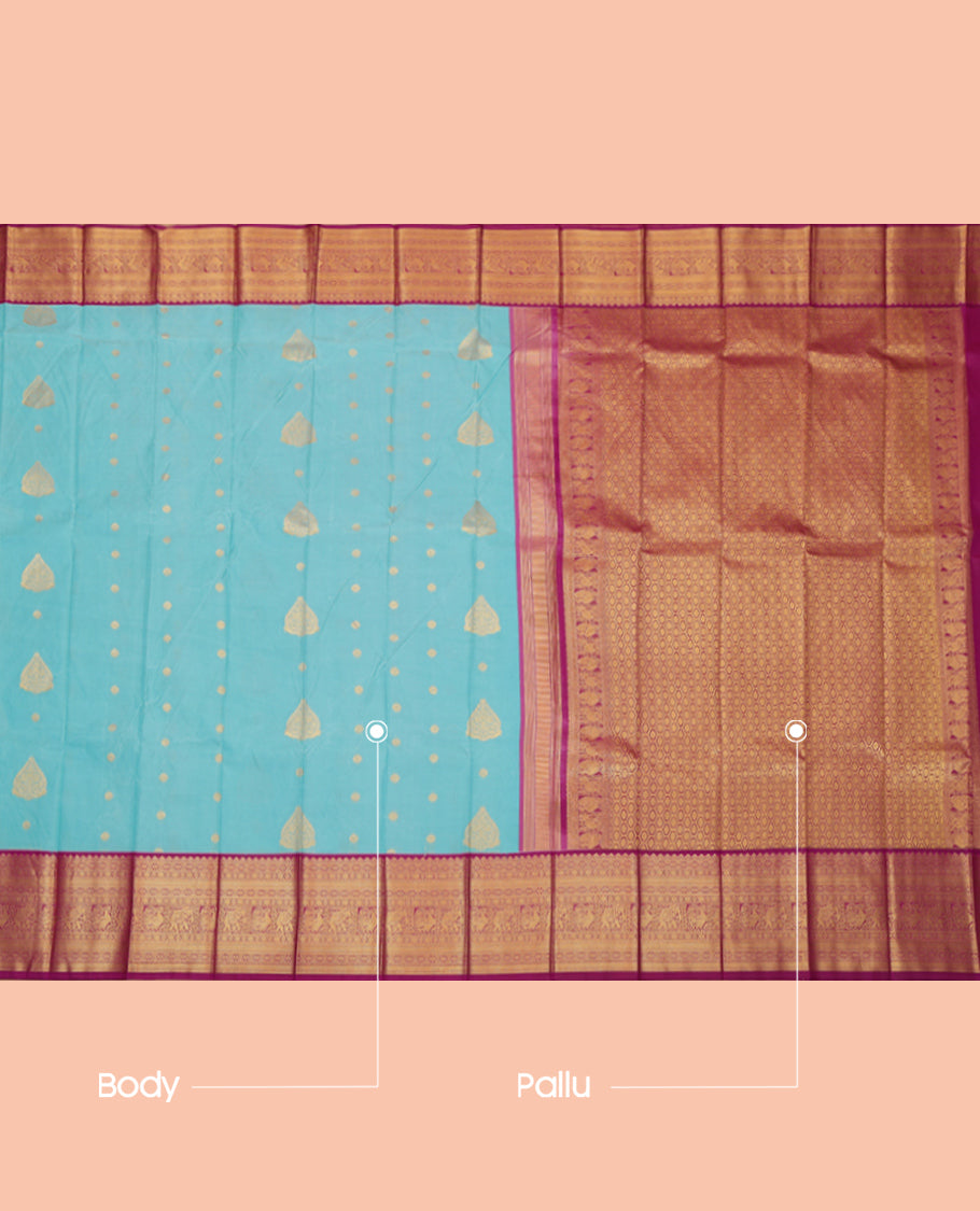 Blue Budget Silk Saree, Woven with Zari Buttas, a Contrast Traditional Elephant-Peacock Zari Border, an Intricate Geomentric Pallu and a Contrast Blouse