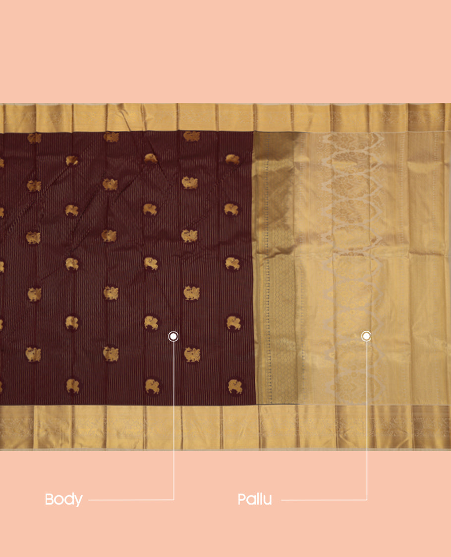 Brown Budget Silk Saree, Embellished with Zari Buttas and Stripes, Complemented by Contrast Traditional Zari Border, a Grand Pallu and a Contrast Blouse