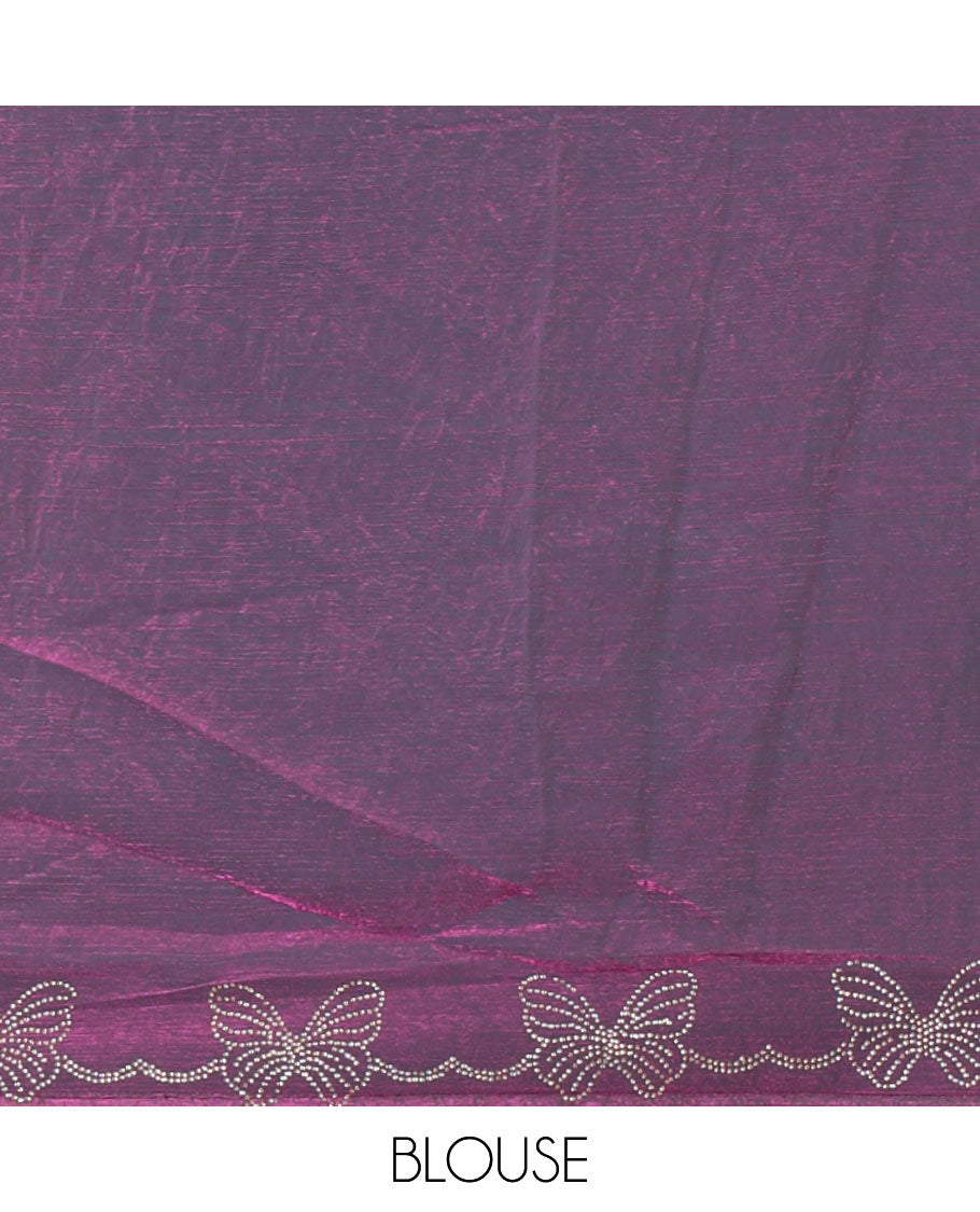 Violet full-plain Fendi chiffon saree, scallop butterfly-style Swarovski stone work border & stone work matching blouse