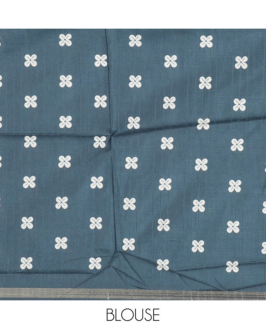 Green jasmine bud motifs printed kathan silk saree, double-headed eagle motif zari piping border, pichwai cow printed pallu, and floral printed blouse