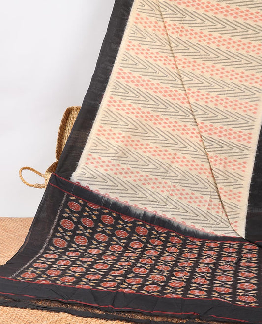 Cream geometric design Ikkat cotton saree with contrast plain border & intricate butta design pallu