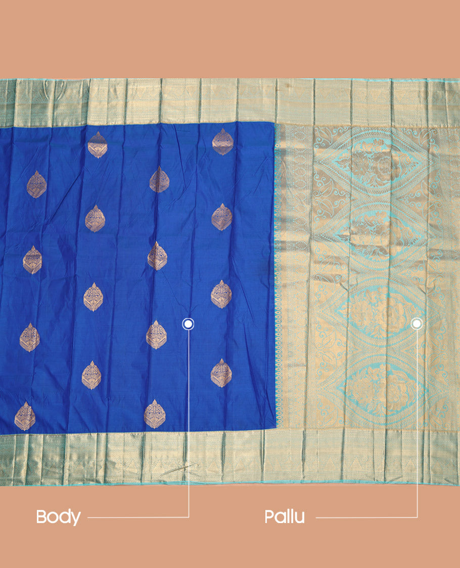 Royal Blue Budget Silk Saree, Detailed with Zari Buttas and Stripes, Complemented by a Contrast Traditional Border, Grand Pallu, and a Contrast Blouse