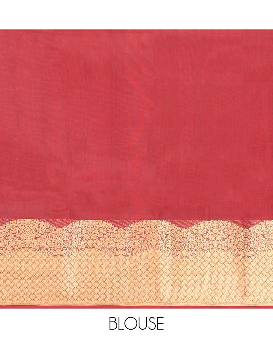 Red Vasundhara Lite Silk Mix Saree, Detailed with Zari Buttas All Over Its Body, Highlighted by a Zari Border of Floral and Jaal Designs, Pallu Steeped with Chevron Stripes, and Paired with a Matching Blouse