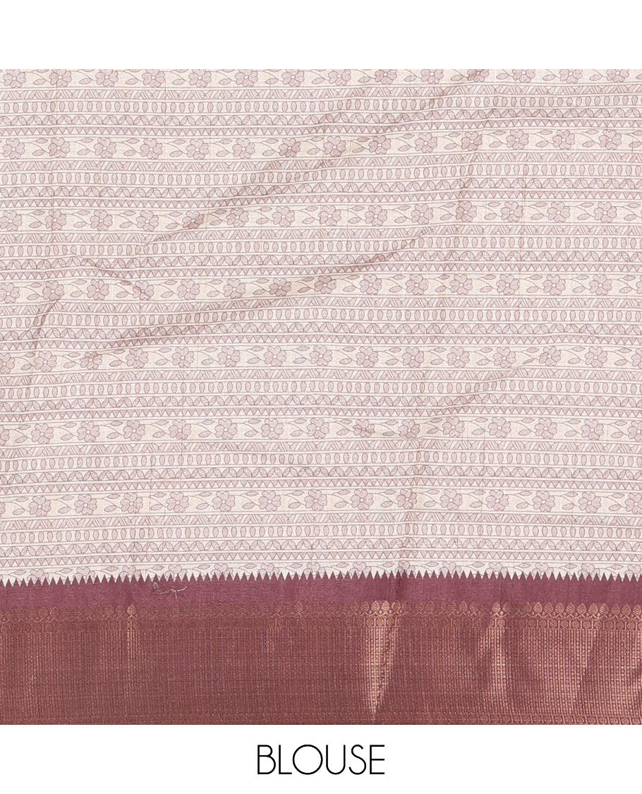 Cream-maroon flora, fauna, and geometric madhubani printed soft tussar saree, contrast zari border, peacock print pallu, and printed blouse