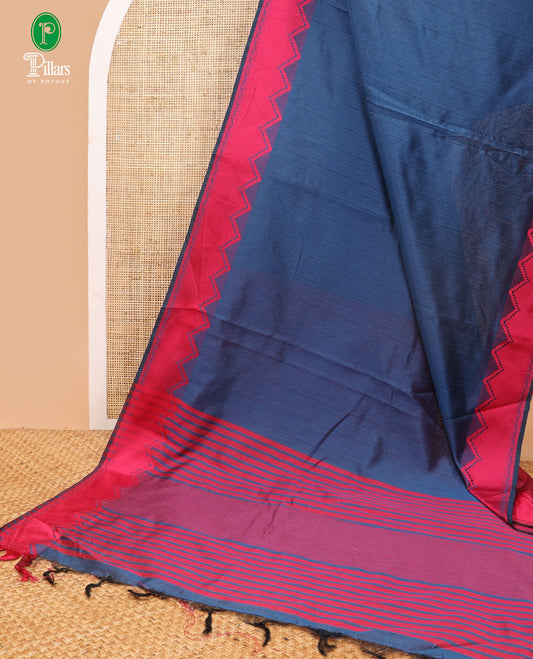Peacock blue banarasi jute silk saree with contrast temple border & striped pallu along with contrast blouse