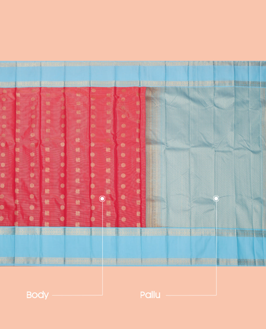 Red Budget Silk Saree, Richly Detailed with Peacock-Chakram Buttas and Stripes, a Contrast Traditional Zari Rettai Pettu Border, Grand Pallu, and a Contrast Blouse