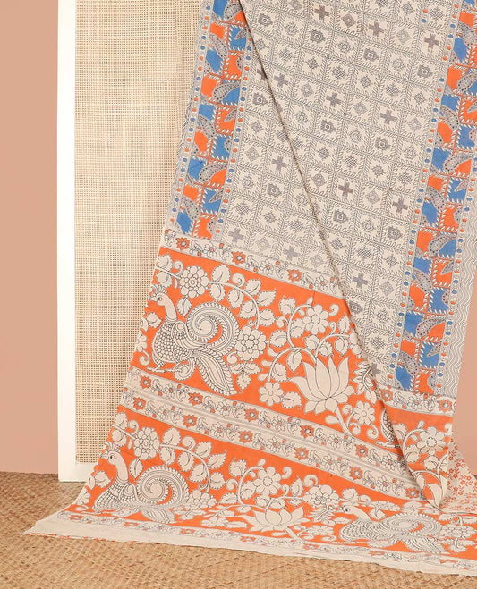 Cream Machine-Printed Kalamkari Cotton Saree Features Kolam Motifs Enclosed Checks on Its Body, Complemented by Contrast Printed Border, Pallu Depicts Floral and Peacock Print, and Paired with a Floral Printed Blouse