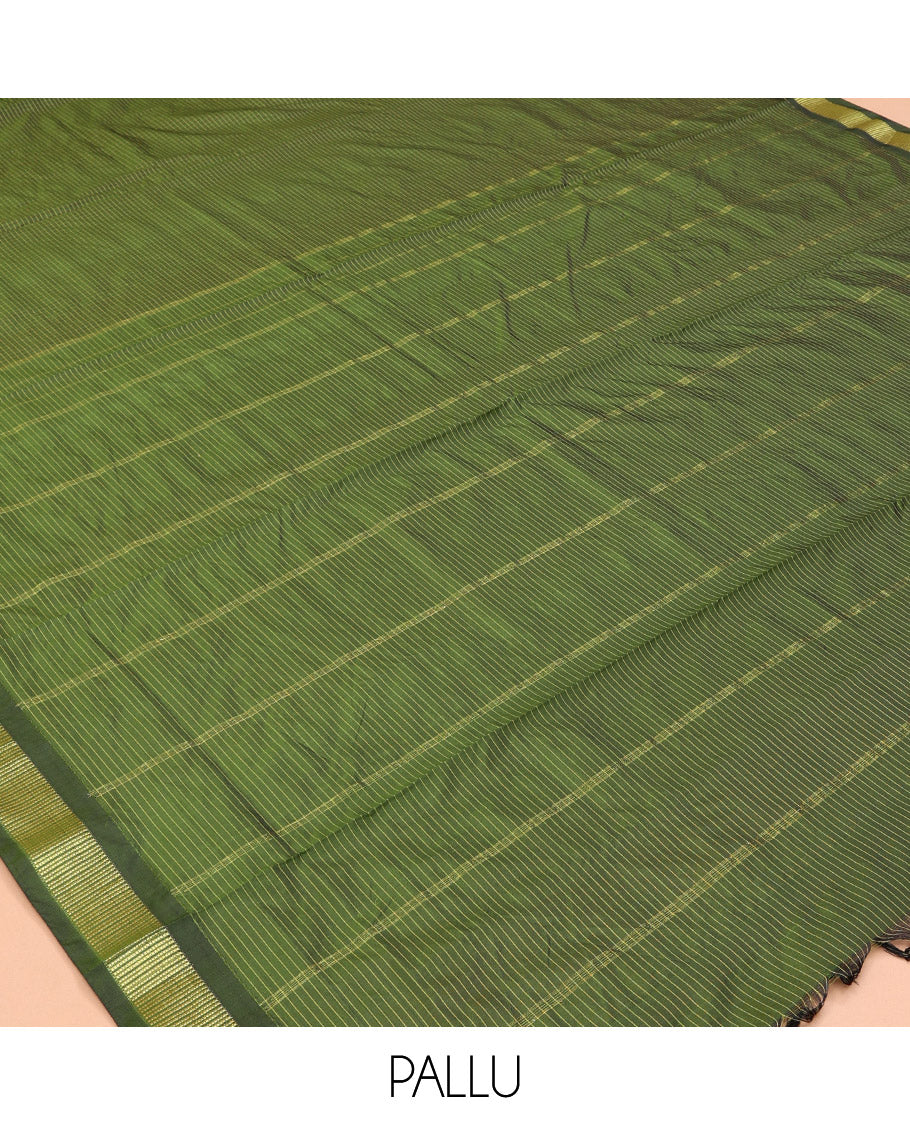 Green Checked Ten Yard Saree, a Zari Border, Striped Pallu, and No Blouse