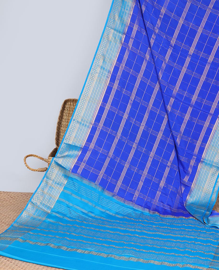Blue checked art mysore silk saree with contrast traditional zari border & striped zari pallu