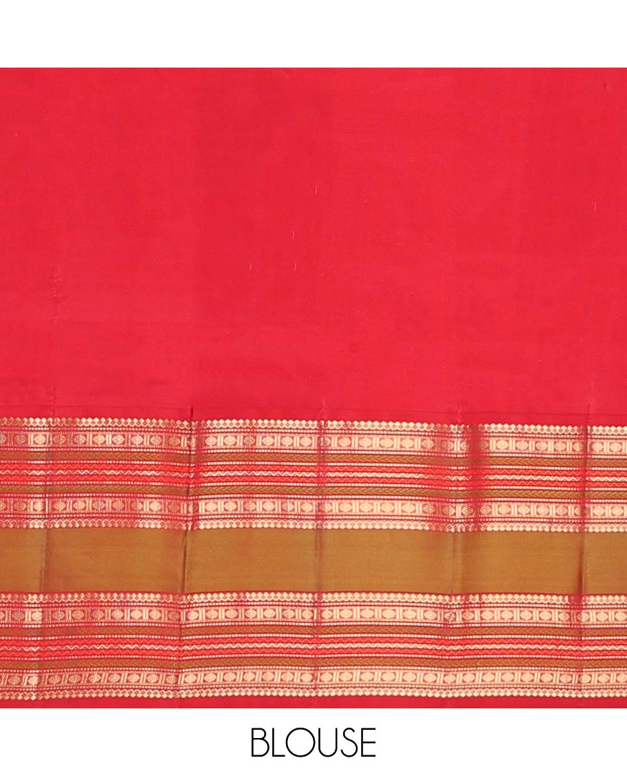 Yellow leaf buttas silk saree with contrast border of thilakam mokku, muthu, paun design & pallu of jaal design