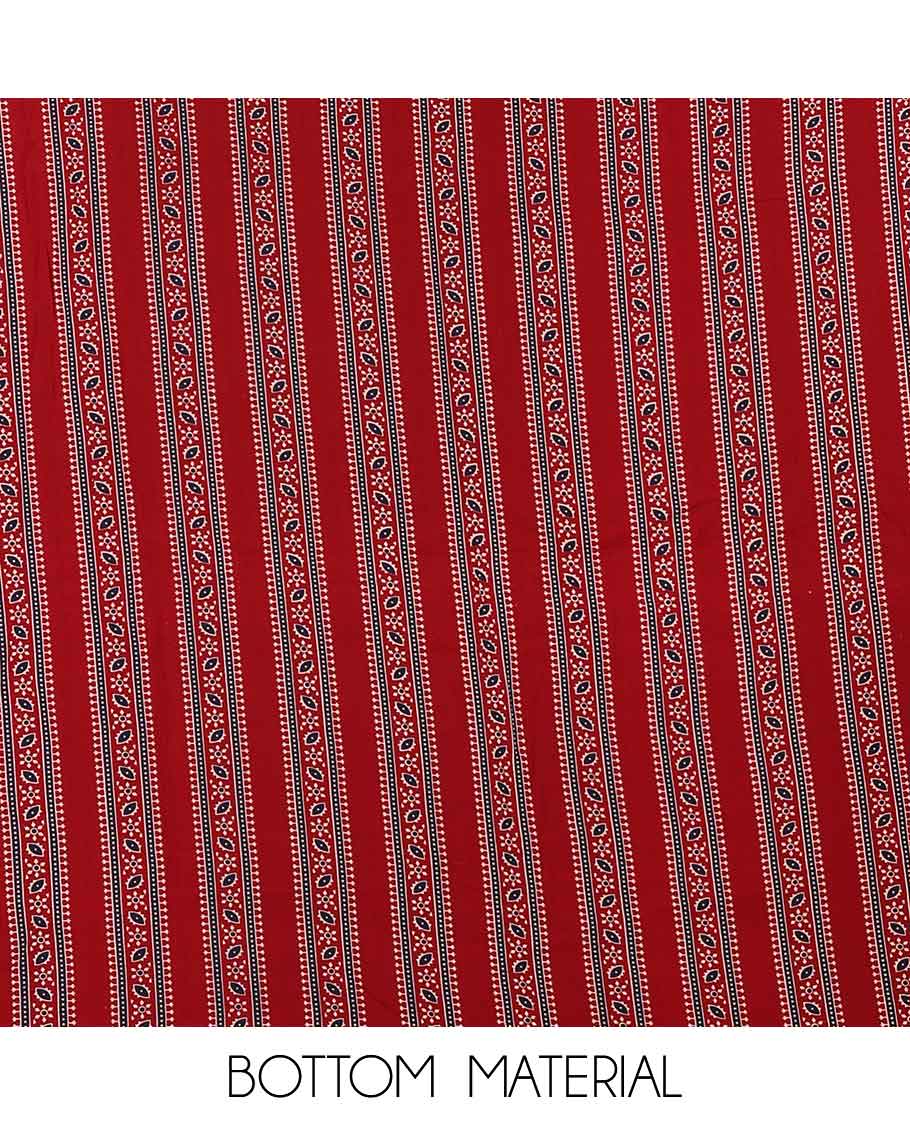 red ajrak print rayon chudidhar material top with rayon material printed pant & mul mul votton ajrak printed dupatta