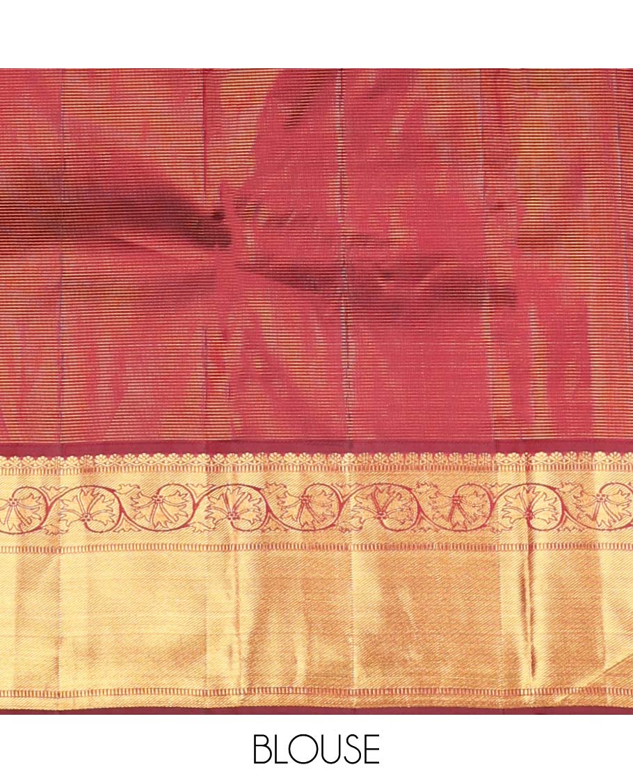 Brown  floral jacquard kancheepuram silk saree with self zari border & floral zari design pallu