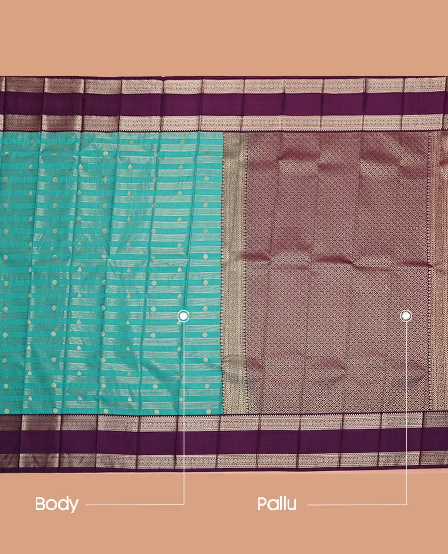 Rama Blue Budget Silk Saree, Woven with Zari Buttas and Stripes, Complemented by a Contrast Traditional Zari Design Rettai Pettu Border, Jaal Pallu, and a Contrast Blouse