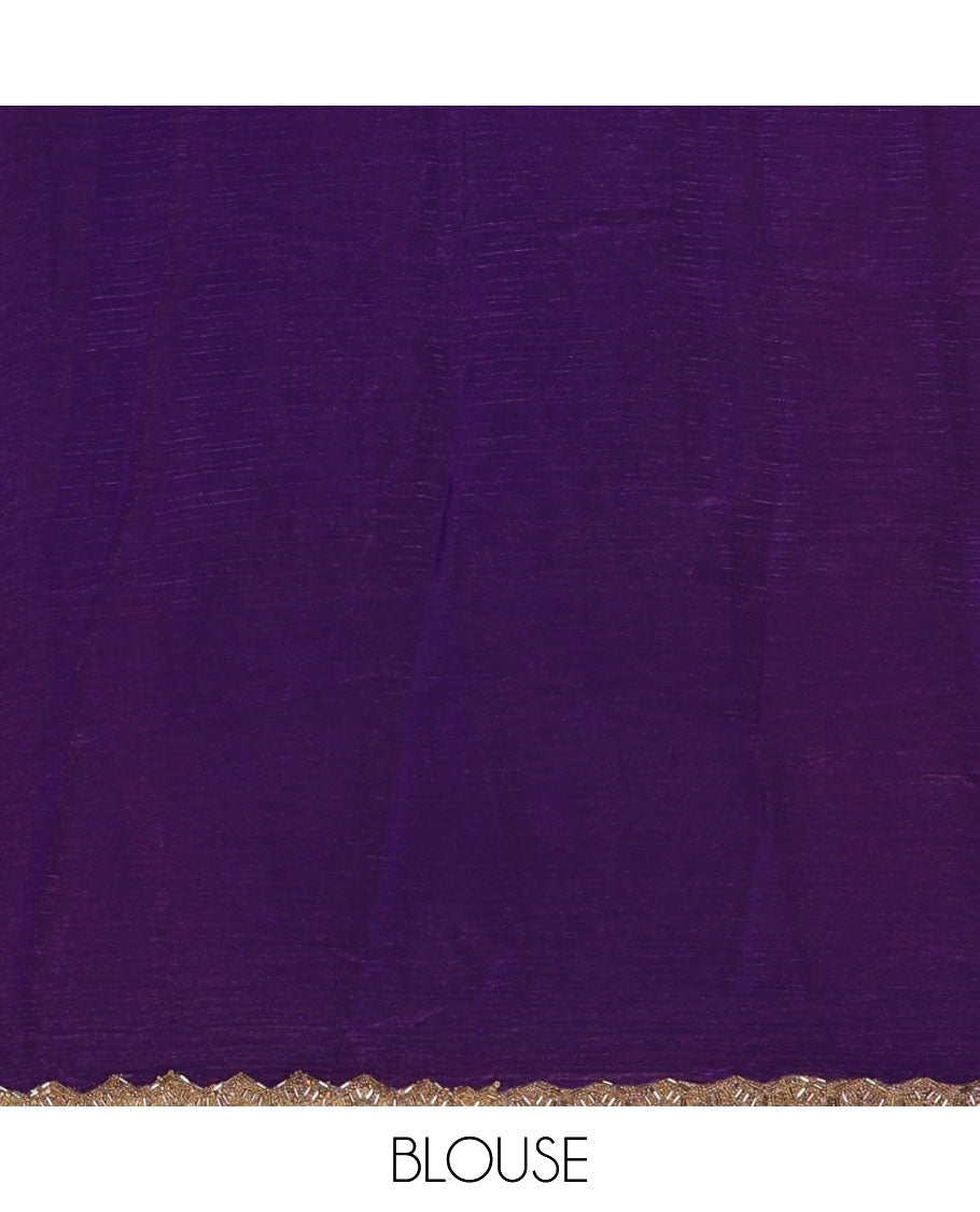 Mehendi green full-plain fendy chiffon saree, hand kardana embroidered border & contrast violet plain blouse with kardana embroidered border