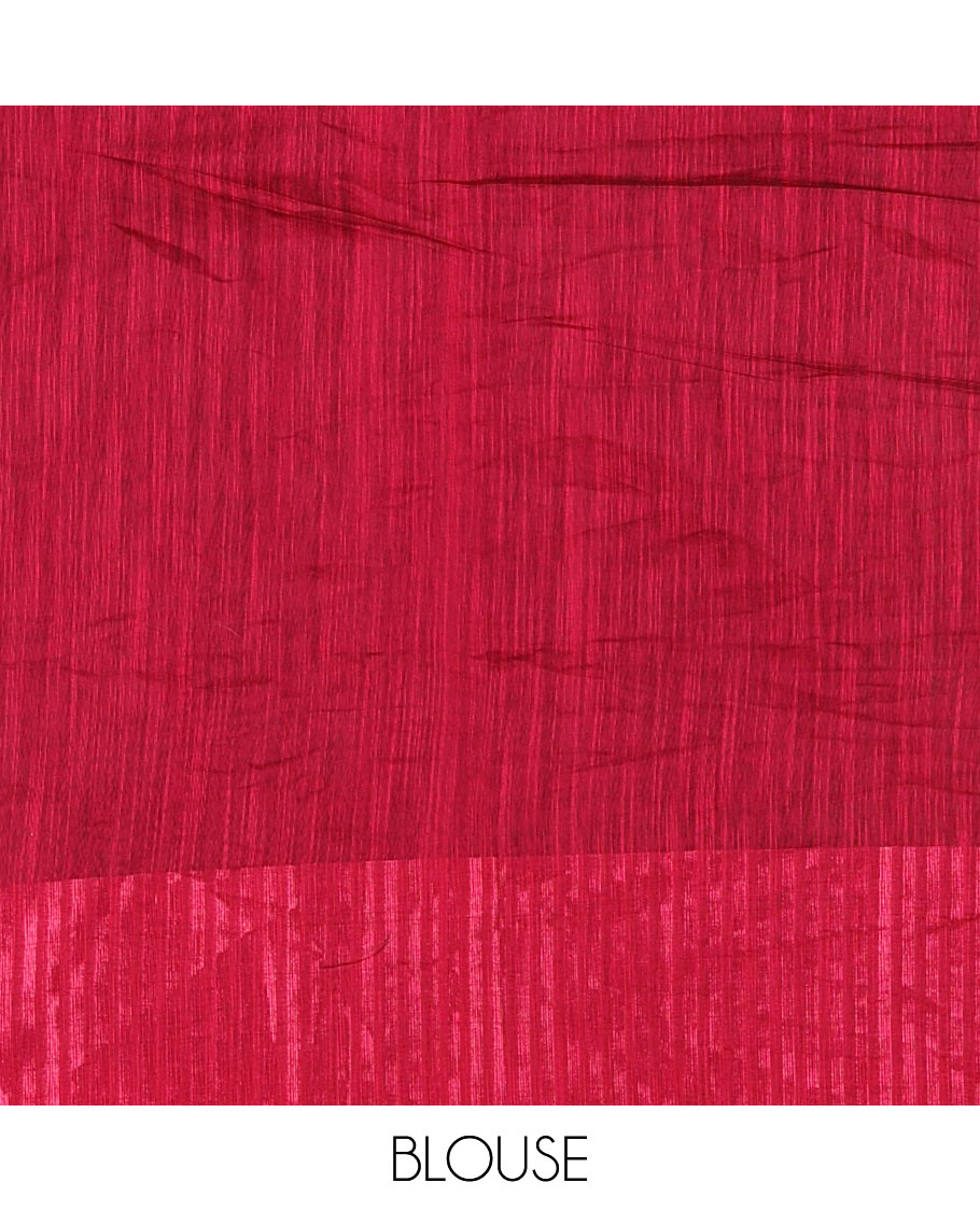 Black and pink plain khadi mul cotton saree, contrast thread temple border, plain pallu, and a contrast plain blouse