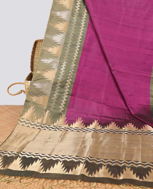Marron soft silk saree with contrast temple border & striped pallu