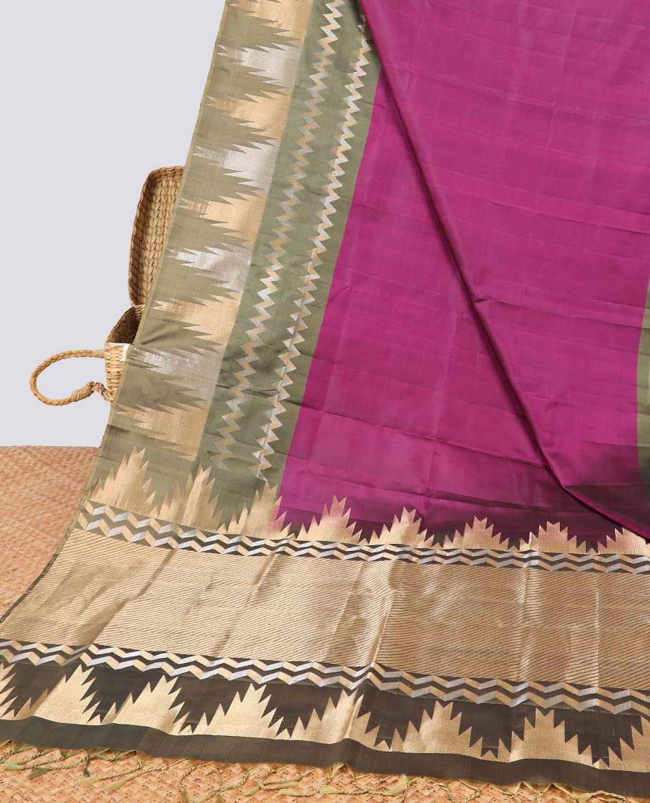 Marron soft silk saree with contrast temple border & striped pallu