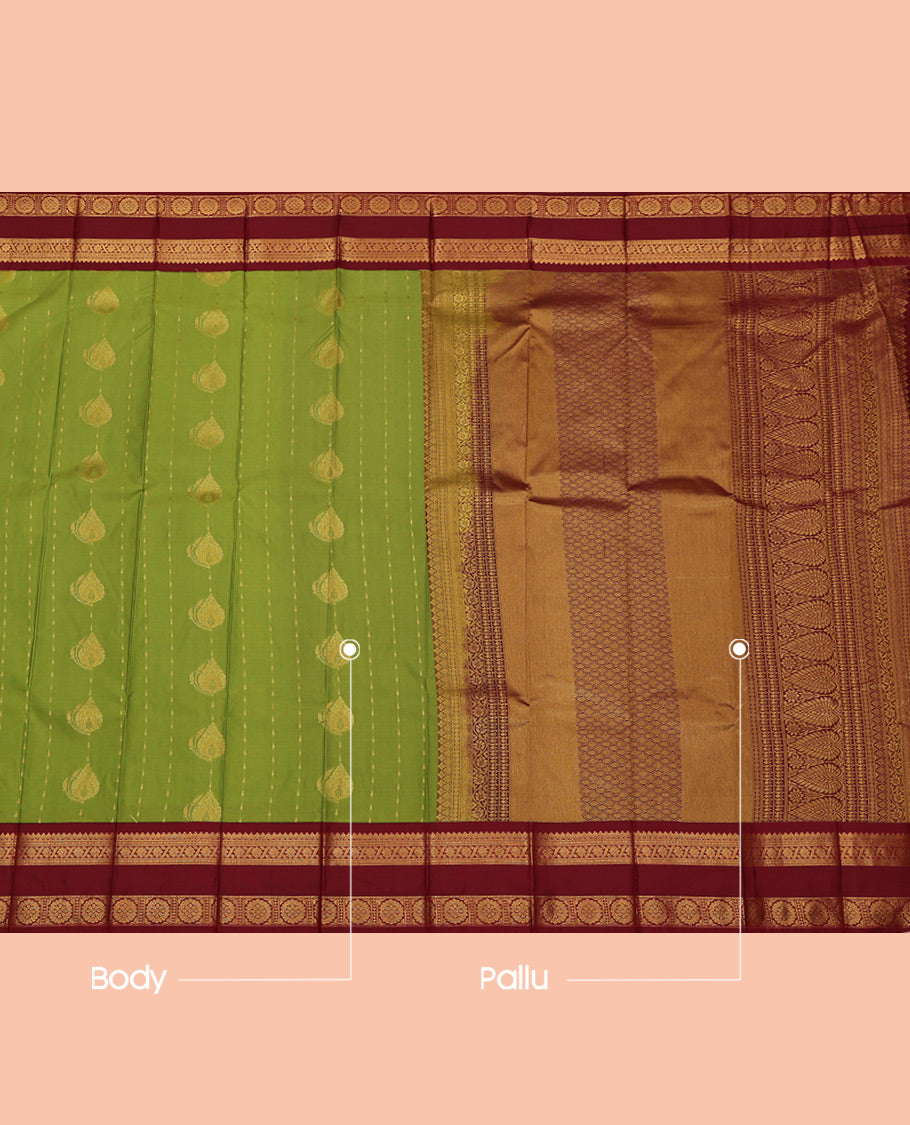 Green Budget Silk Saree, Showcasing Zari Buttas All Over Its Body, Complemented by a Contrast Traditional Zari Design Rettai Pettu Border, Grand Pallu, and Paired with a Contrast Blouse