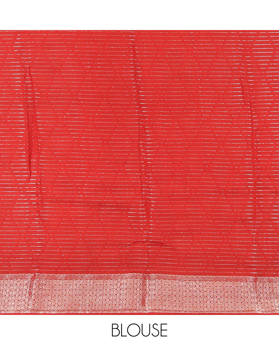 White Assam Silk Saree, Accentuated with Zari Stripes, Complemented by Contrast Zari Border,  Zari Woven Pallu, and Contrast Blouse