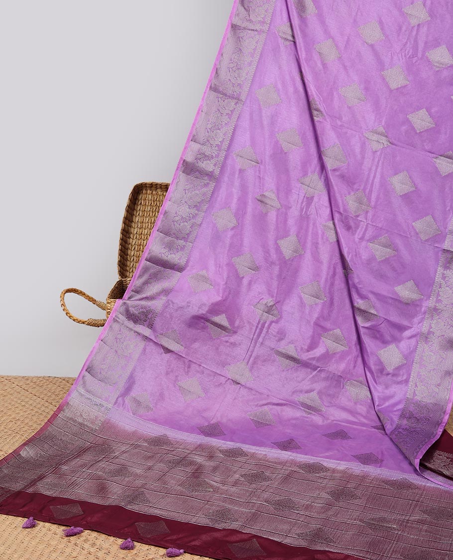Lavender square motifs semi- banaras tussar saree with self zari striped border &  square motifs pallu