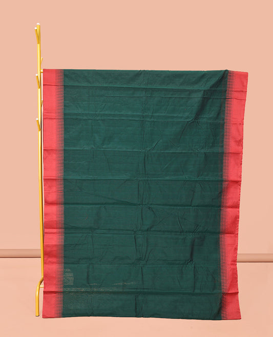 Green Semi-Silk Cotton Saree, Subtly Sparkled with Checks All Over Its Body, Complemented by a Contrast Border, Striped Pallu, and Paired with a Matching Blouse