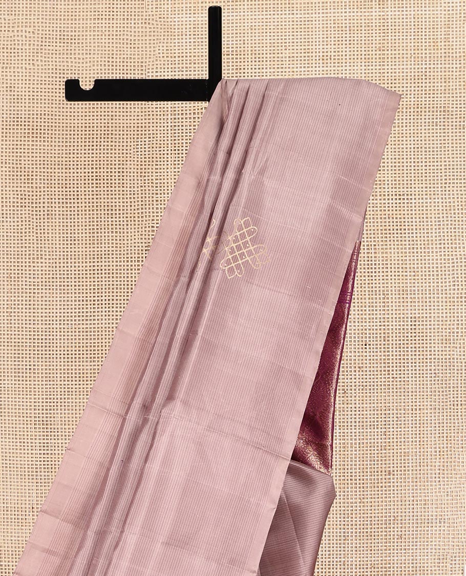 Borderless Brown Mayuri Soft Silk Saree, Woven with Kolam Buttas and Stripes, Complemented by a Contrast Intricately Designed Pallu and a Contrast Blouse