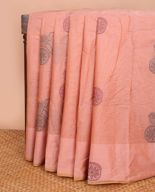 Peach Combatiore cotton saree with flower basket cycle buttas, flower basket cycle design border & jaal pallu