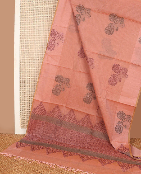 Peach Combatiore cotton saree with flower basket cycle buttas, flower basket cycle design border & jaal pallu