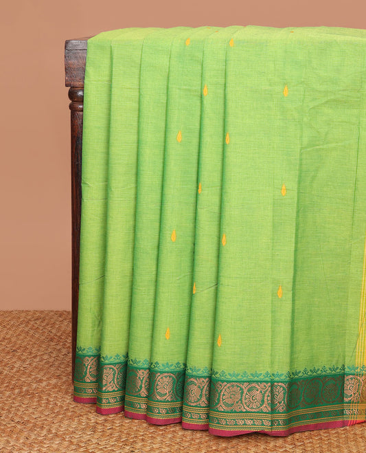 Parrot green buttas Chettinad cotton saree, contrast floral creeper zari design border & pallu of stripes