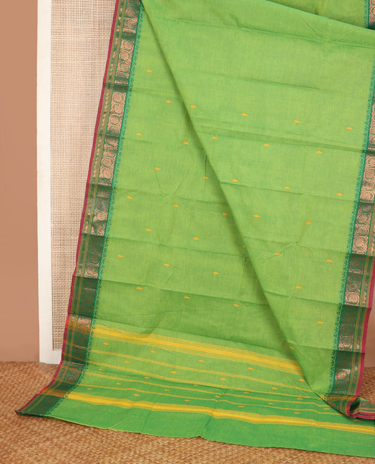 Parrot green buttas Chettinad cotton saree, contrast floral creeper zari design border & pallu of stripes