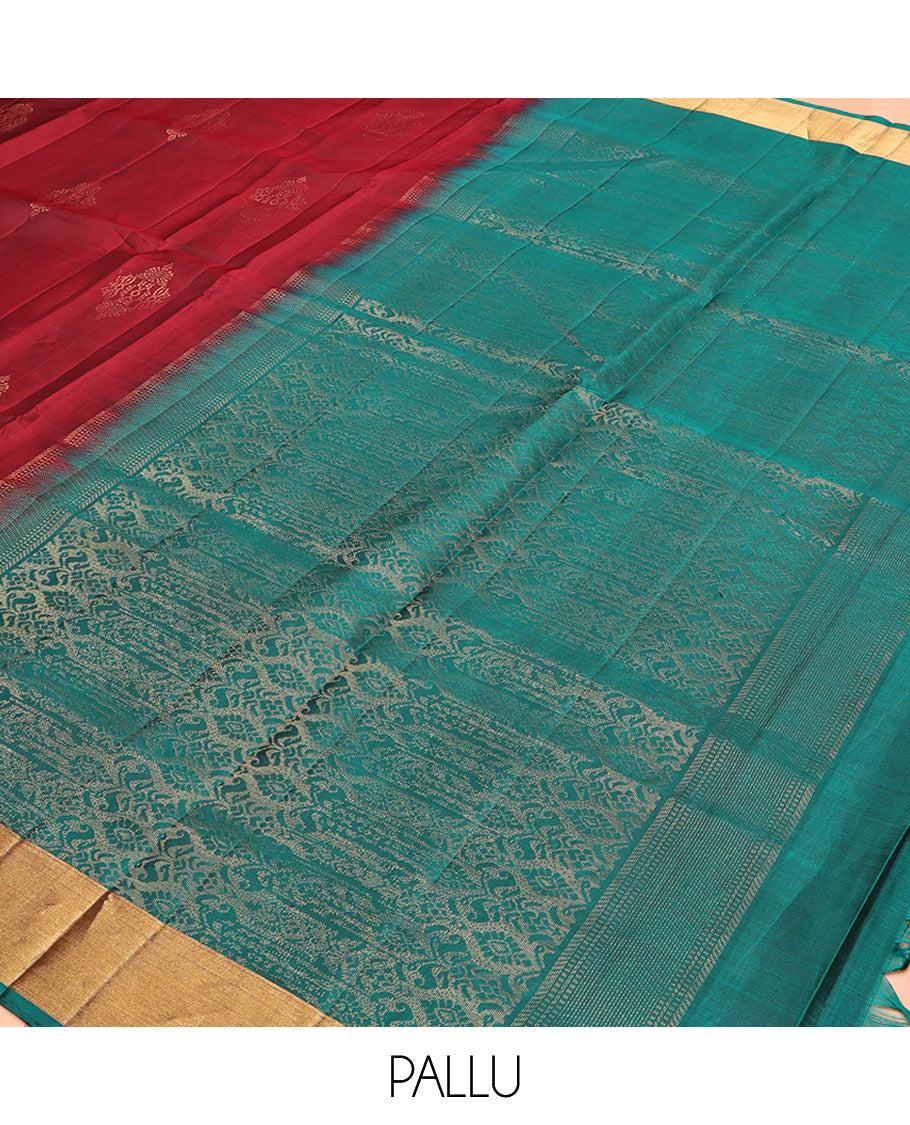 Red Mayuri Lite Silk Mix Saree, Subtly Sparkled with Zari Buttas All Over Its Body, Highlighted by a Zari Bavanji Border, Pallu of Intricate Designs, and Paired with a Contrast Blouse