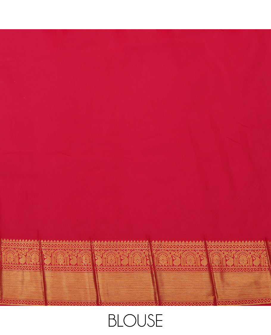 Green Budget Silk Saree, Gleamed Up with Peacock-Chakram Buttas, a Contrast Traditional Zari Border, Grand Pallu, and a Contrast Blouse
