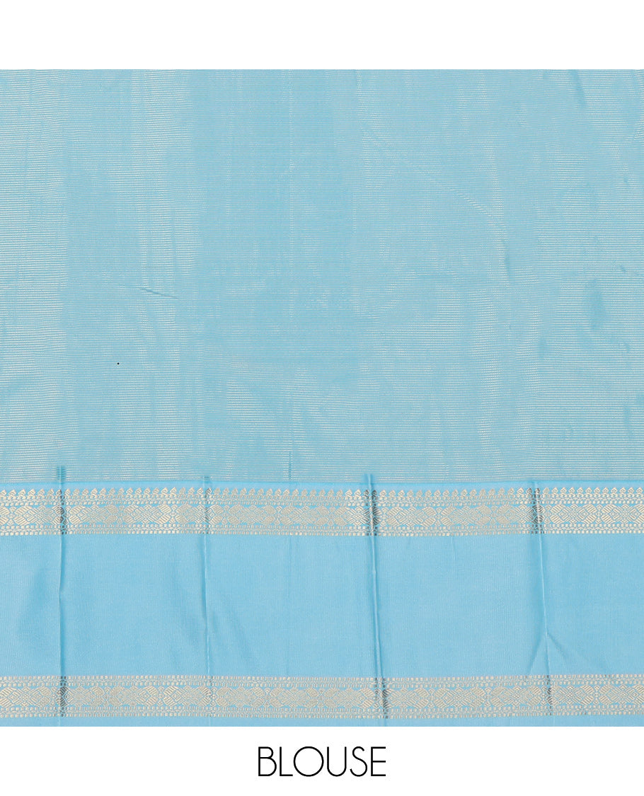 Red Budget Silk Saree, Richly Detailed with Peacock-Chakram Buttas and Stripes, a Contrast Traditional Zari Rettai Pettu Border, Grand Pallu, and a Contrast Blouse