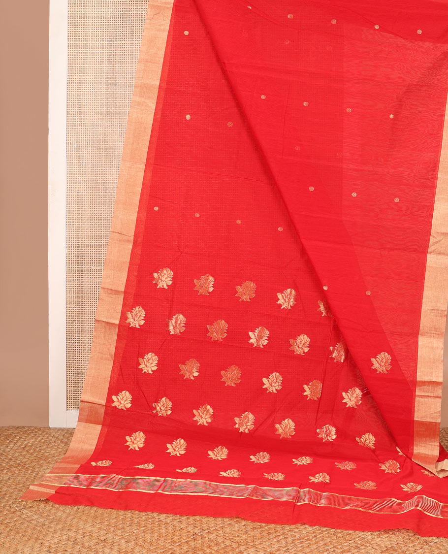 Red motifs chanderi cotton saree with contrast border & striped pallu