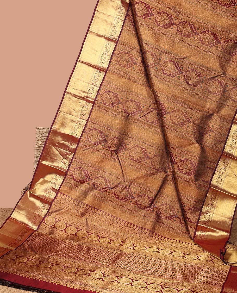 Brown  floral jacquard kancheepuram silk saree with self zari border & floral zari design pallu