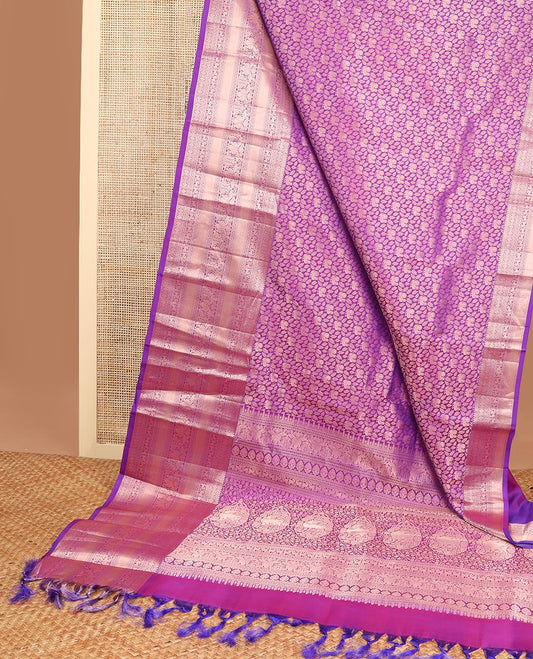 Purple floral jaal design kancheepuram silk saree with self border of thilakam mokku, muthu, banaras design & zari design pallu