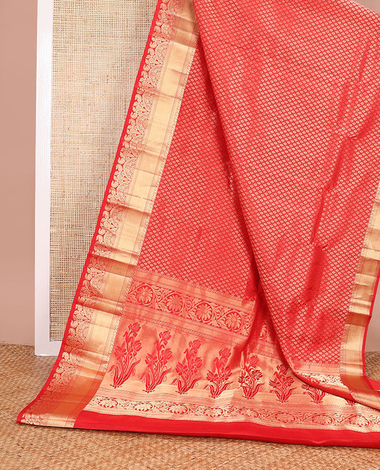 Red jacquard kancheepuram silk saree with self border of intricate zari design & floral design pallu