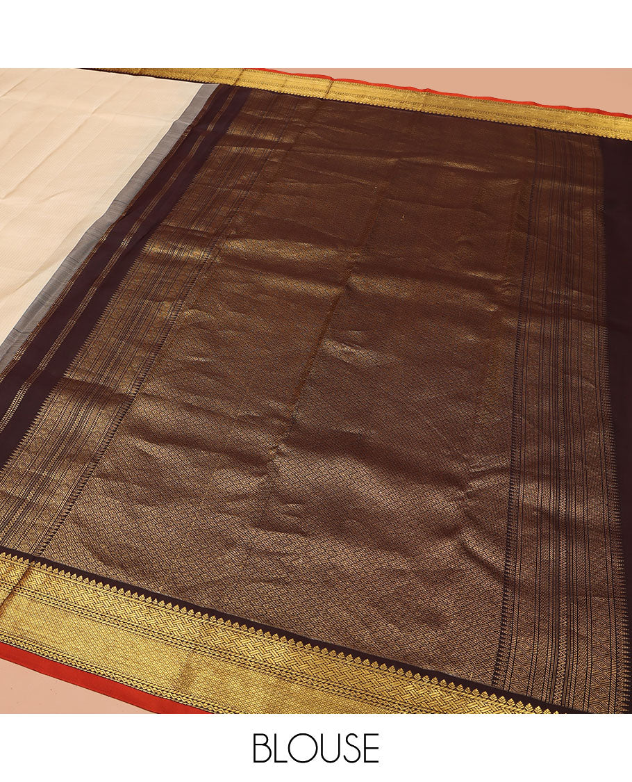 Cream Vasundhara Lite Silk Mix Saree, Sparsely Woven with Stripes on Its Body, Complemented by a Contrast Border of Thilakam, Pai Yaadi, Neli, and Mayil Kann Designs, Intricately Designed Pallu, and Paired with a Contrast Blouse