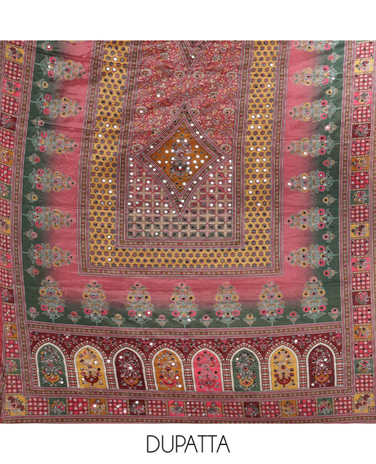 Yellow chudidar material set, floral & geometric printed with mirror work crepe top, mughal-style floral printed & mirror work chinon dupatta & plain crepe bottom
