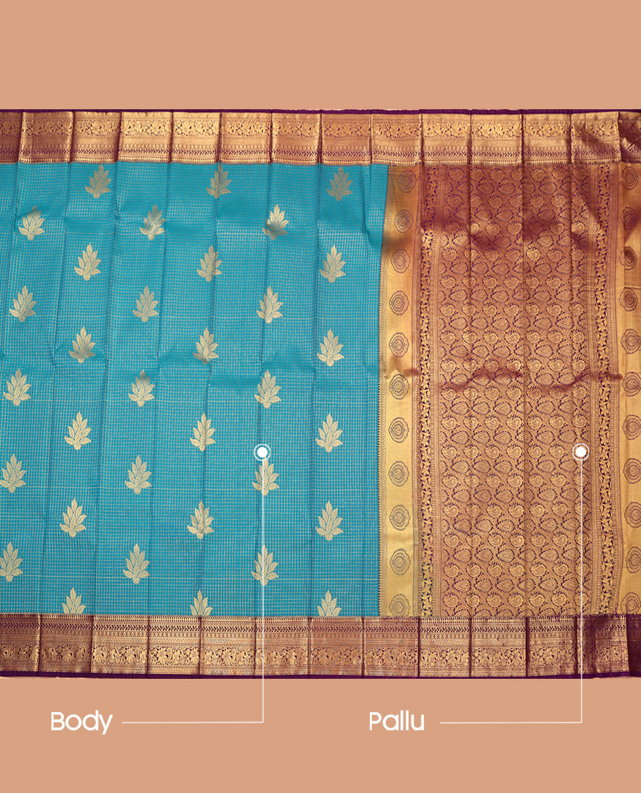 Blue Budget Silk Saree, Decorated with Zari Buttas and Checks, Complemented by a Contrast Traditional Zari Border, Grand Pallu, and a Contrast Blouse