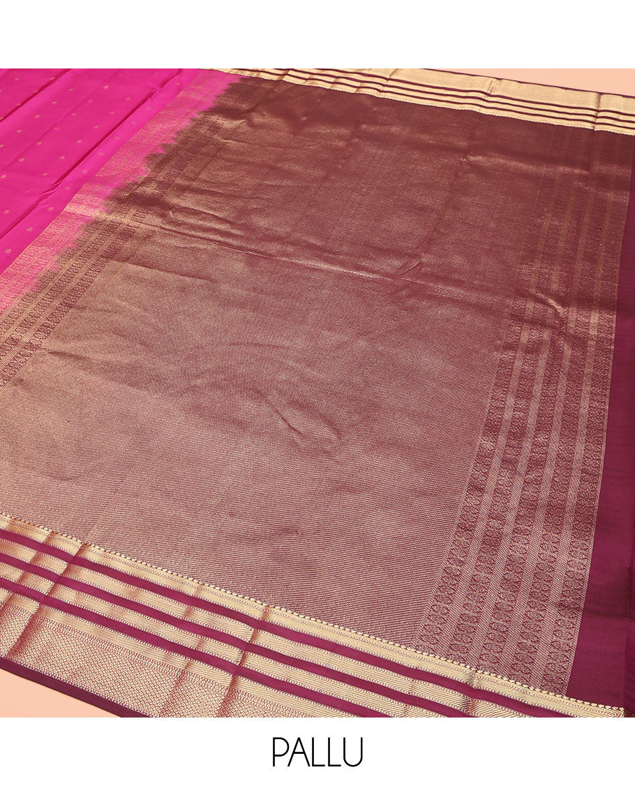 Pink Kanchipuram Silk Saree, Subtly Enriched with Zari Buttas All Over Its Body, Complemented by Contrast Border of Muthu, Banaras, and Mayil Kann Designs, Sparsely Striped Pallu, and Paired with a Contrast Blouse