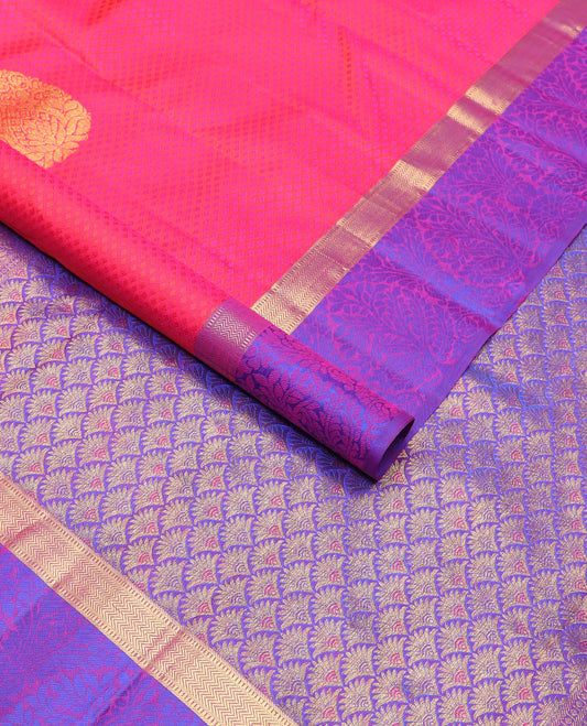 Red leaf design silk saree with contrast border of muthu, kathir design & jaal design pallu