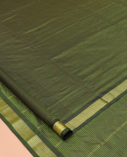 Green Checked Nine-Yard Saree, a Zari Border, Striped Pallu, and No Blouse