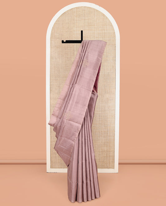 Borderless Brown Mayuri Soft Silk Saree, Woven with Kolam Buttas and Stripes, Complemented by a Contrast Intricately Designed Pallu and a Contrast Blouse