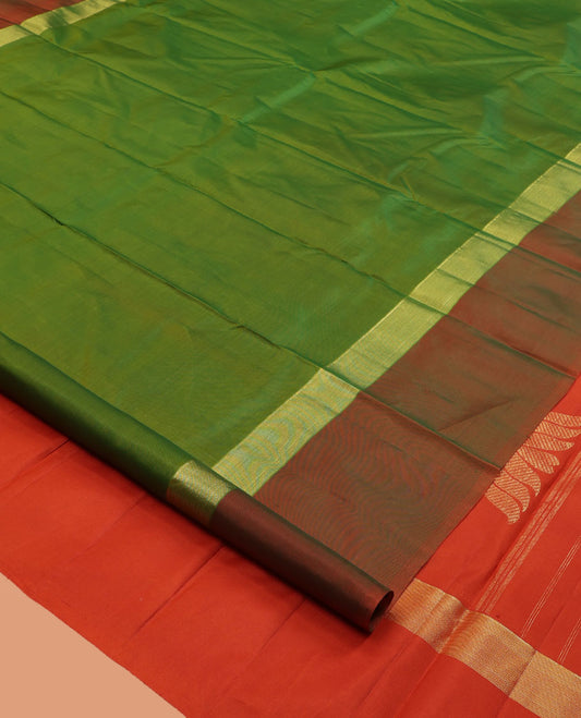 Green Kanchipuram Silk Saree, Woven with Goddess Lakshmi Buttas, a Contrast Goddess Lakshmi Border, Goddess Lakshmi Pallu, and a Contrast Blouse